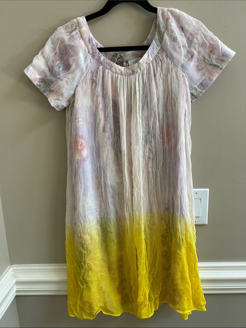Anthropologie Pastel Floral to Yellow Dip-Dye Short Sleeve Dress